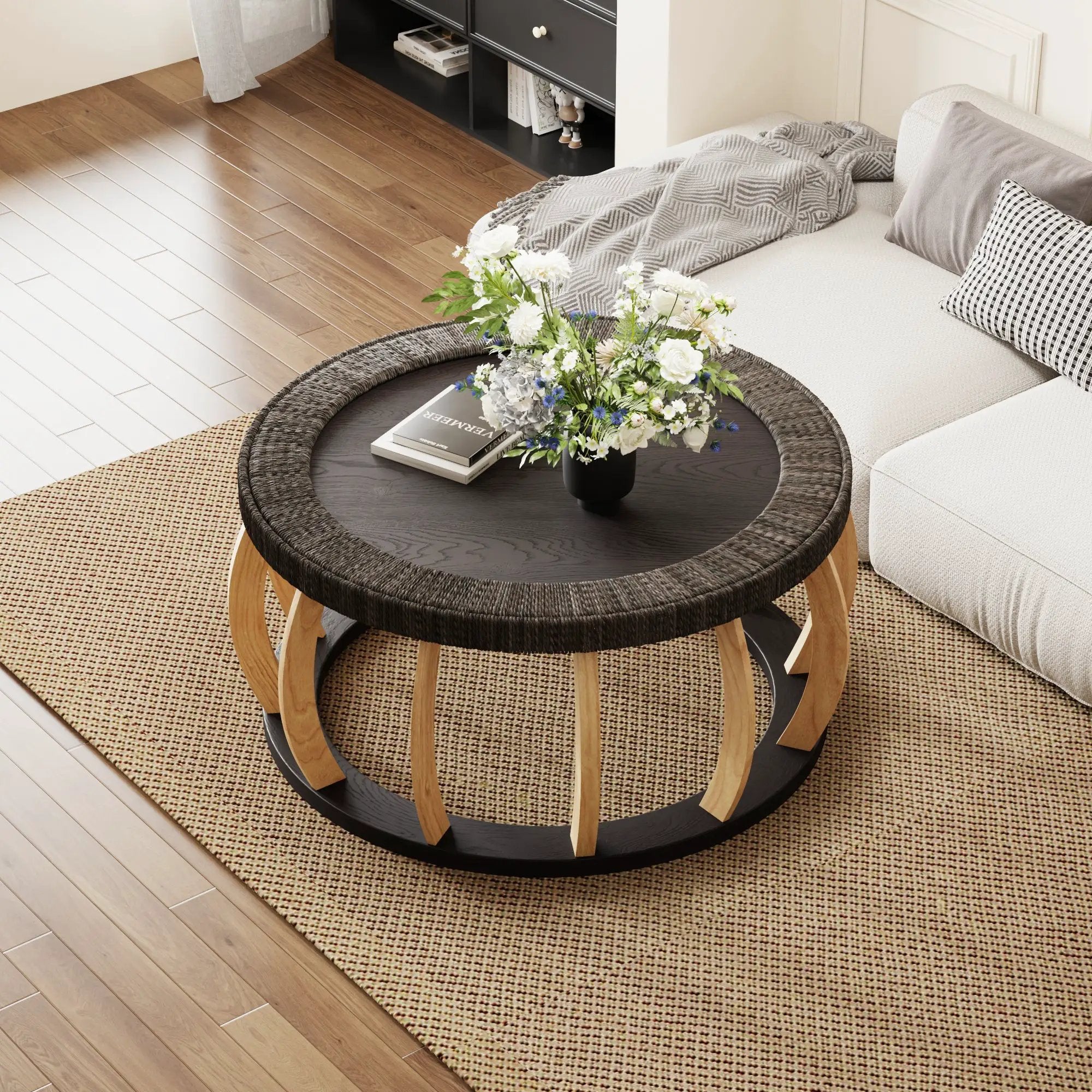Vintage Rattan Solid Wood Round Coffee Table by HouseOfZazla