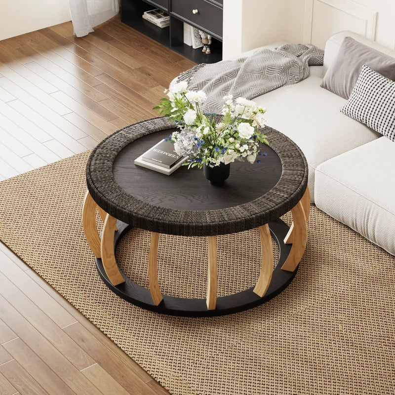 Vintage Rattan Solid Wood Round Coffee Table by HouseOfZazla