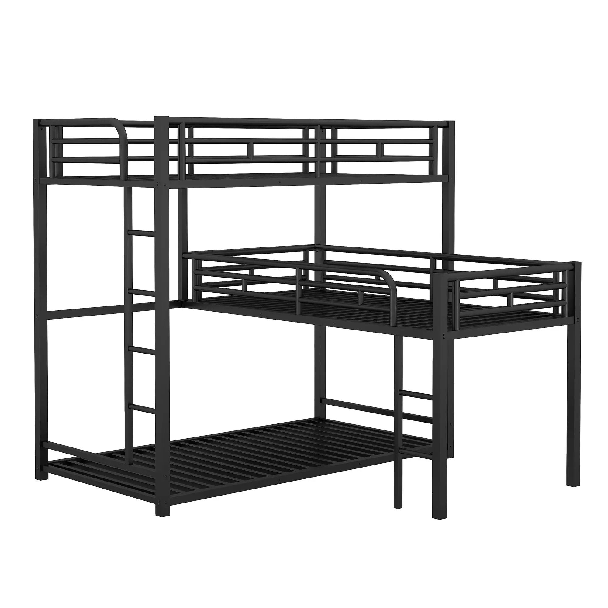 L-Shaped Triple Twin Size Bunk Bed, Industrial Design With Integrated Ladder And Full Length Guardrails - Black by HouseOfZazla