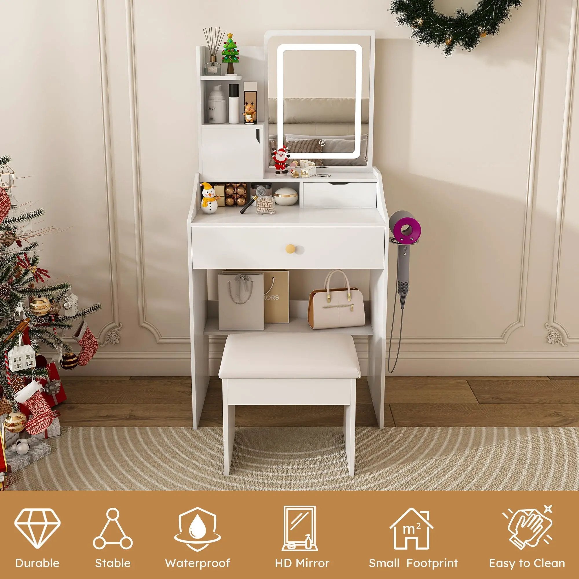 3 Color LED Vanity Mirror With Stool, Dressing Table For Bedroom, 2 Drawers & 5 Storage Cabinets (4 Open + 1 Hidden), Adjustable Lighting - White by Unique Piece Furniture