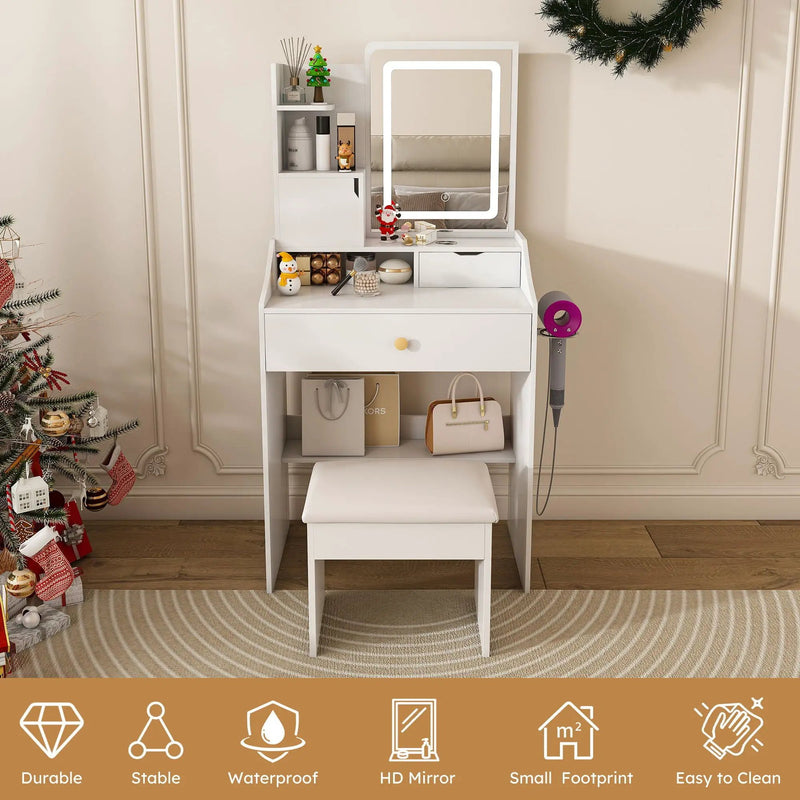 3 Color LED Vanity Mirror With Stool, Dressing Table For Bedroom, 2 Drawers & 5 Storage Cabinets (4 Open + 1 Hidden), Adjustable Lighting - White by Unique Piece Furniture