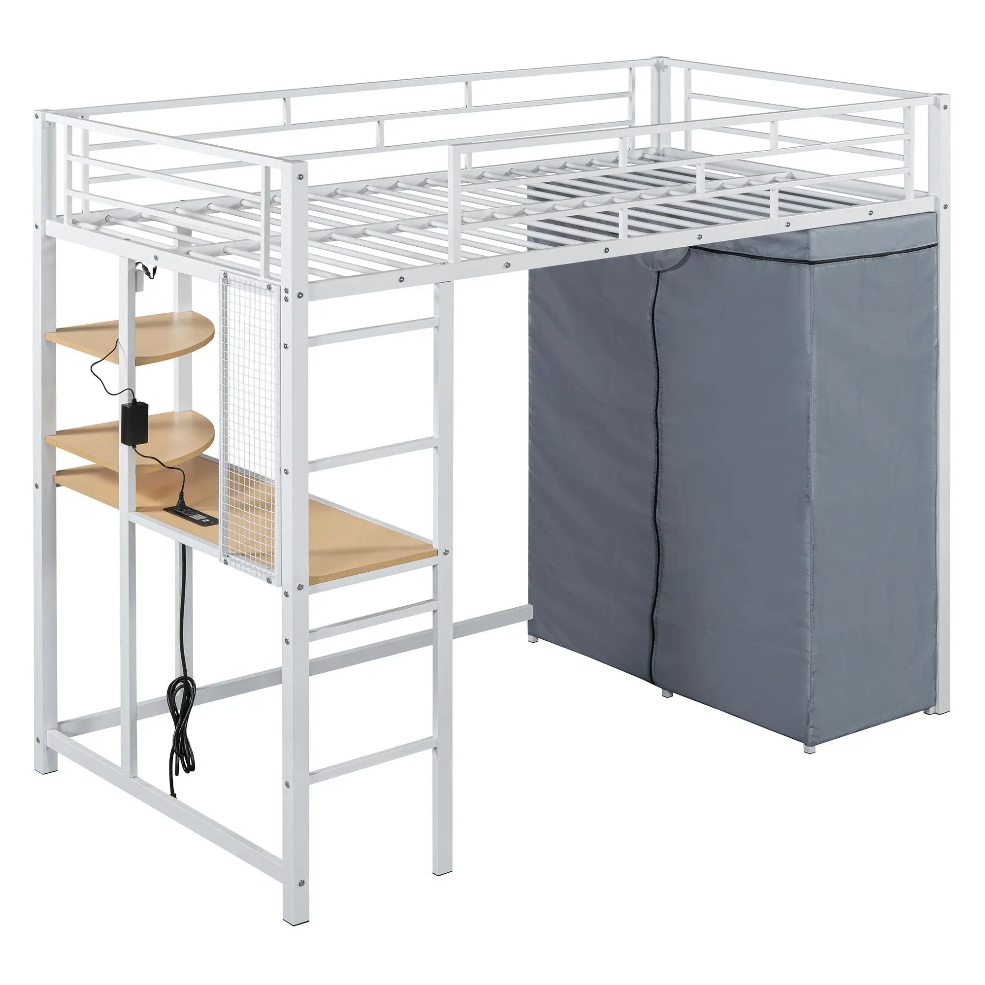 Loft Bed With Desk, Shelves, Power Outlet, LED Light And Wardrobe by Unique Piece Furniture