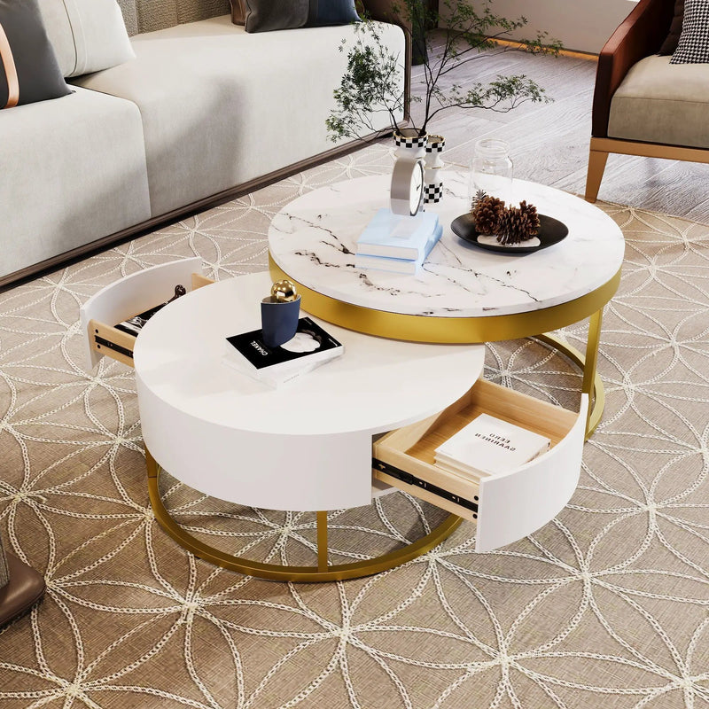 Round Nesting Coffee Table with Drawers - Golden / White by HouseOfZazla
