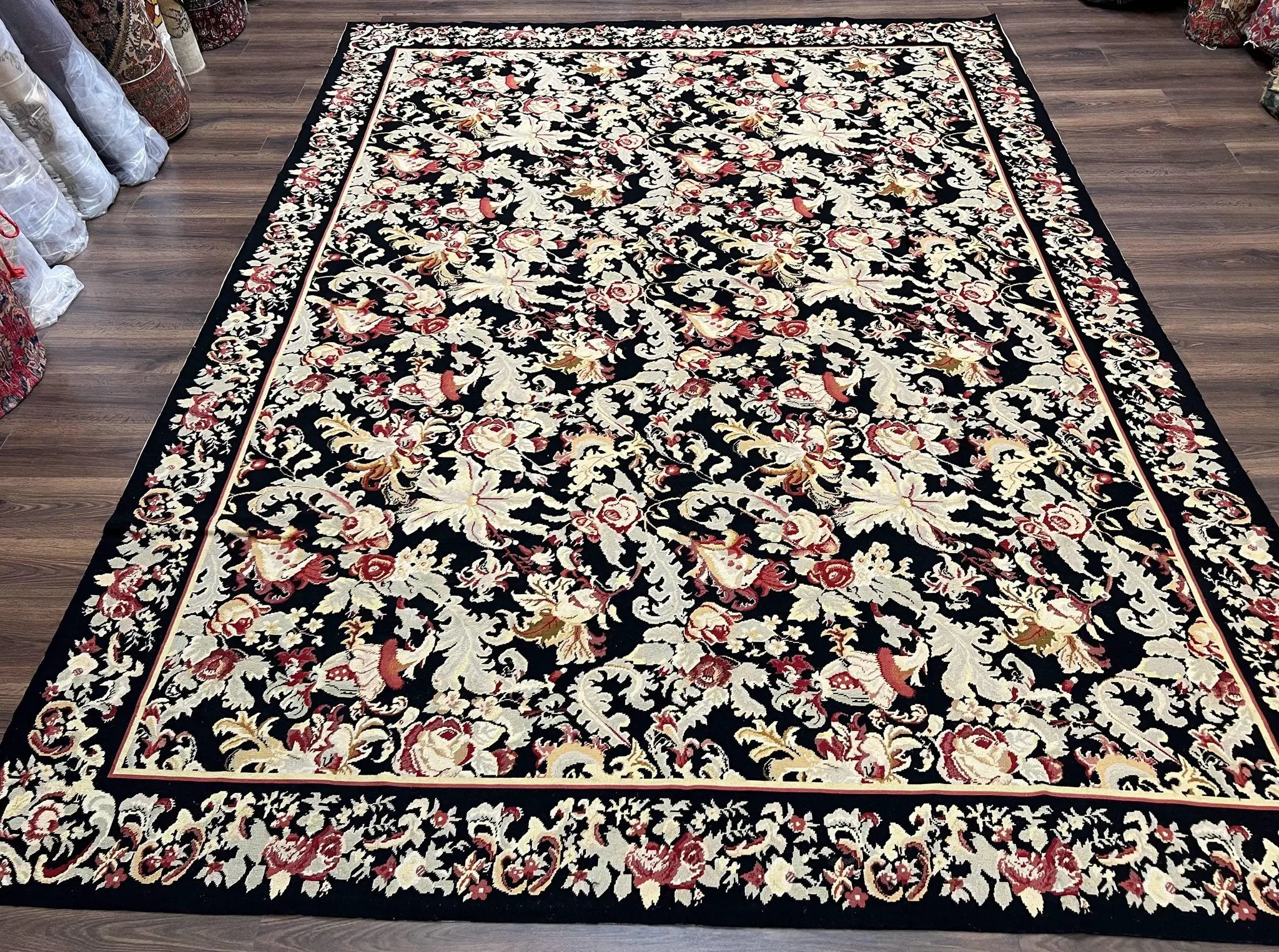 Wool Needlepoint Rug 9x12, William Morris Vintage Chinese Needlepoint Carpet 9 x 12, Handwoven, Allover Floral Area Rug, Black Light Green by Jewel Rugs