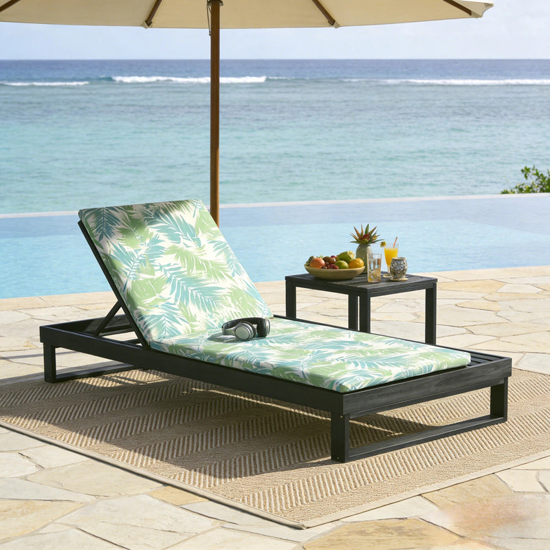 Black Acacia Wood Chaise Lounge with Leaf Coconut Cushion by HouseOfZazla