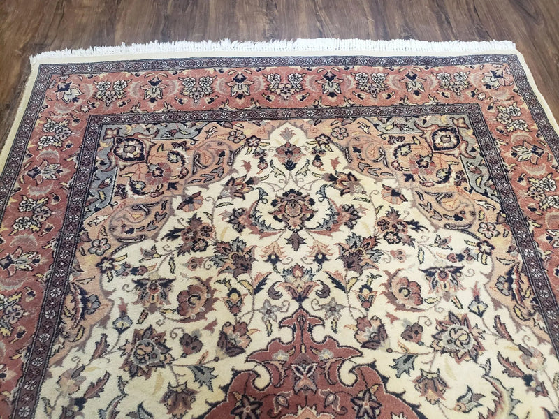 4x6 Handmade Top Quality Pakistani Floral Wool Rug Veg Dyes Carpet Beige Salmon by Jewel Rugs