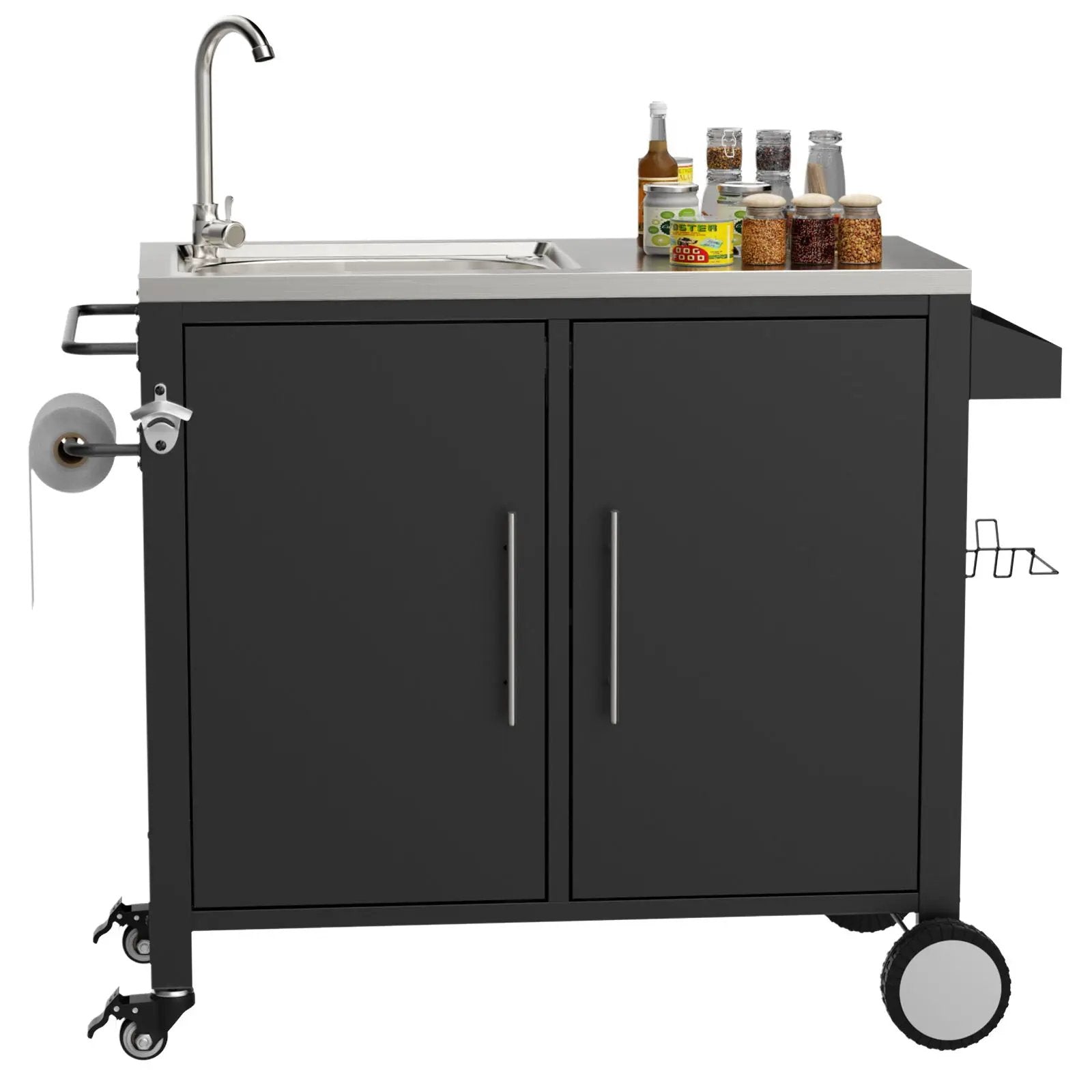 Outdoor Grill Table With Sink, Grill Cart With Sink And Cabinet With Wheels - Black / Silver by HouseOfZazla