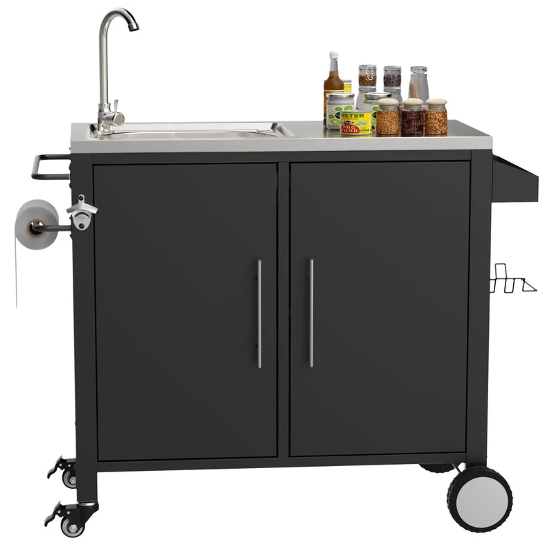 Outdoor Grill Table With Sink, Grill Cart With Sink And Cabinet With Wheels - Black / Silver by HouseOfZazla