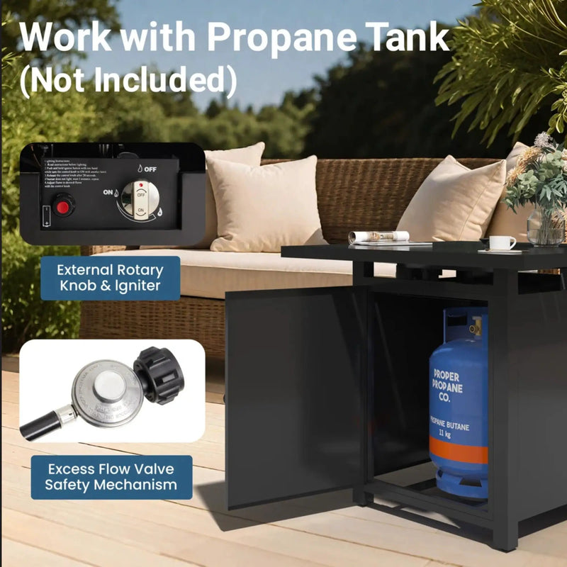 Square 2 In 1 Outdoor Propane Fire Pit Table With Stainless Burner, Lava Rocks, Lid & Waterproof Cover - Black by HouseOfZazla