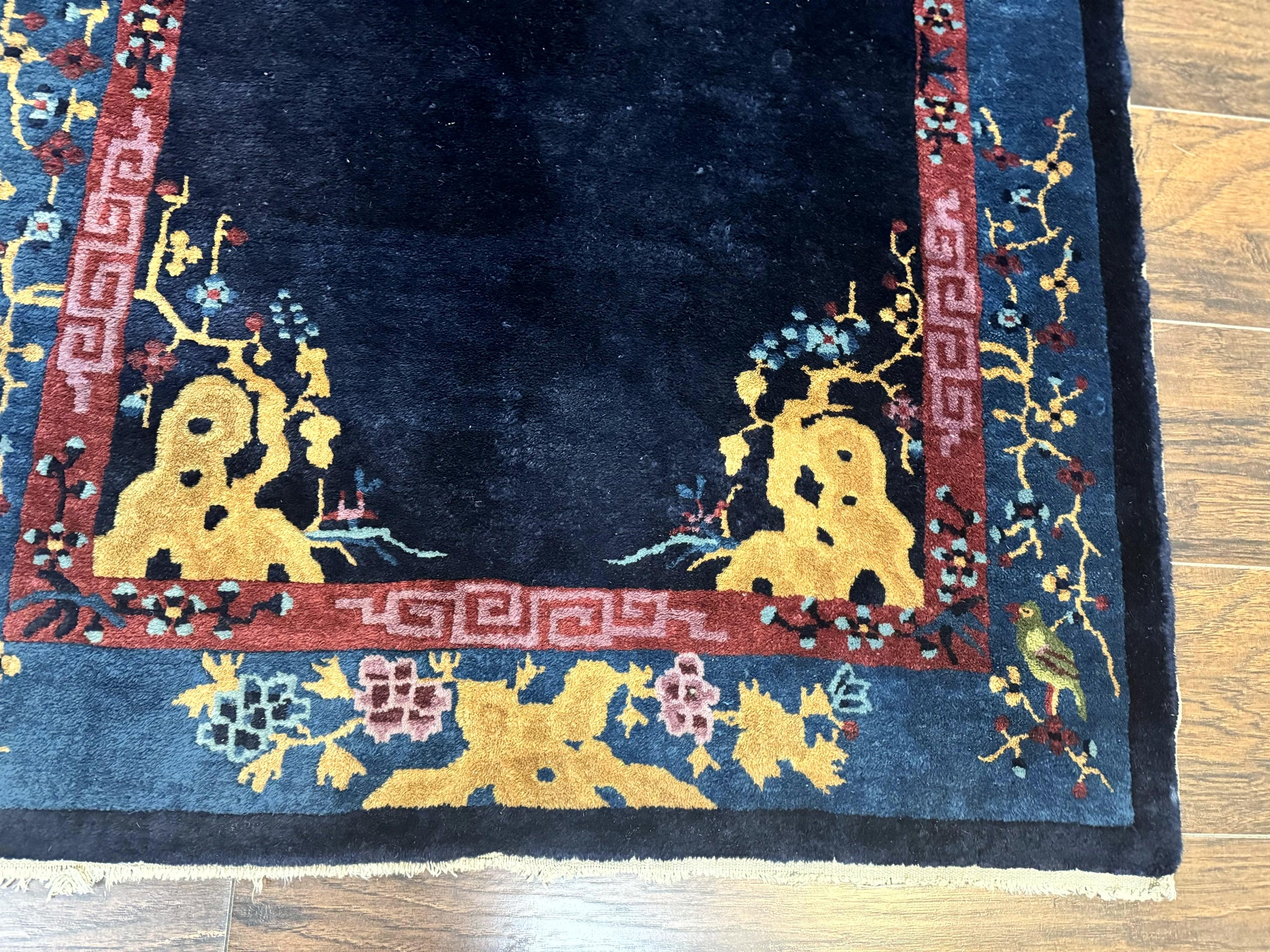 Antique Chinese Peking Rug 3x6, Dark Blue, Bird Motif, Handmade Wool Art Deco Asian Oriental Carpet, Pair A by Jewel Rugs