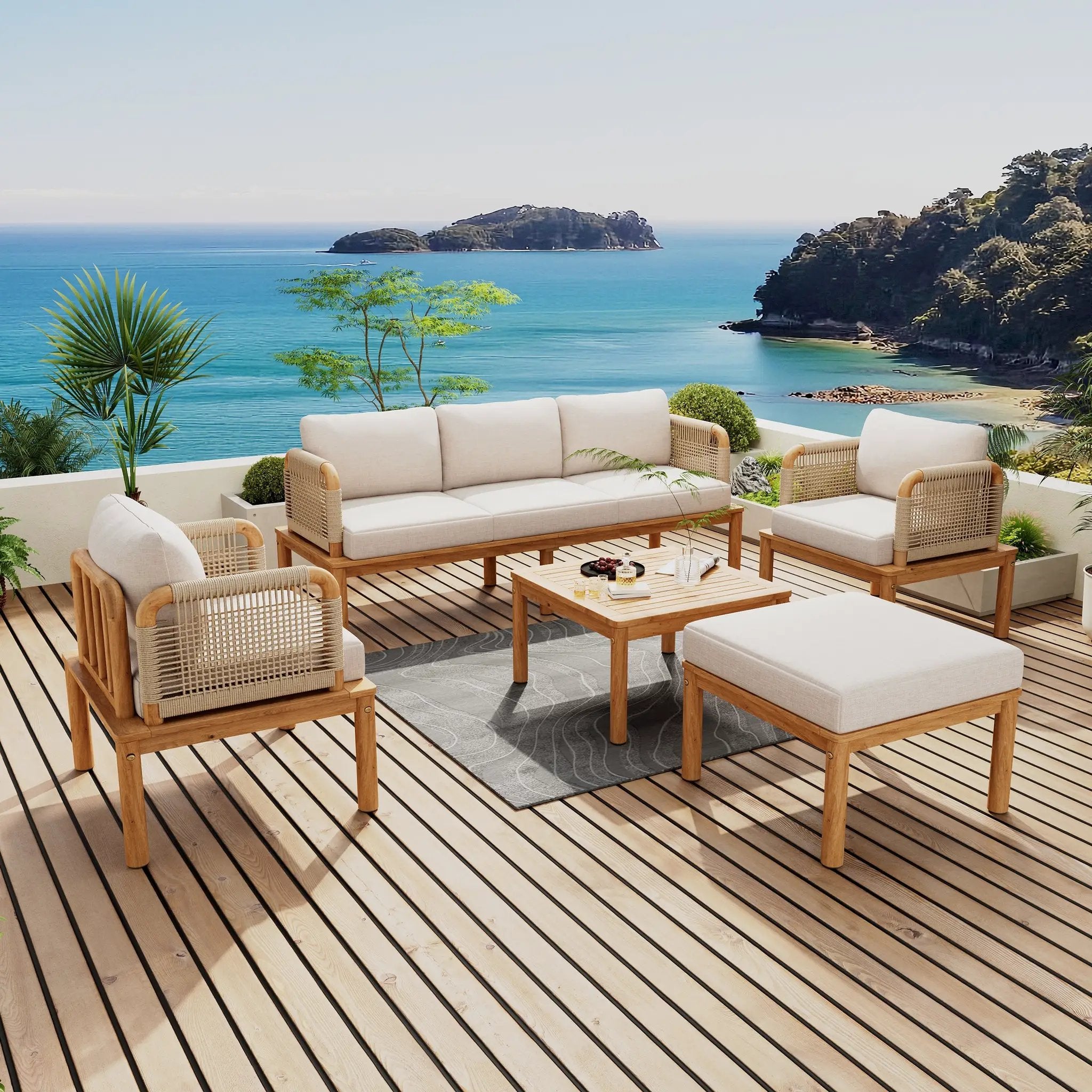 Outdoor 5-Piece Acacia Wood and Rope Patio Sofa Set by HouseOfZazla