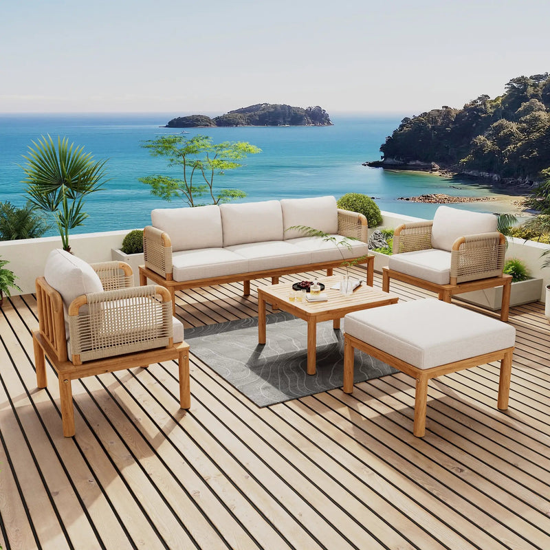 Outdoor 5-Piece Acacia Wood and Rope Patio Sofa Set by HouseOfZazla