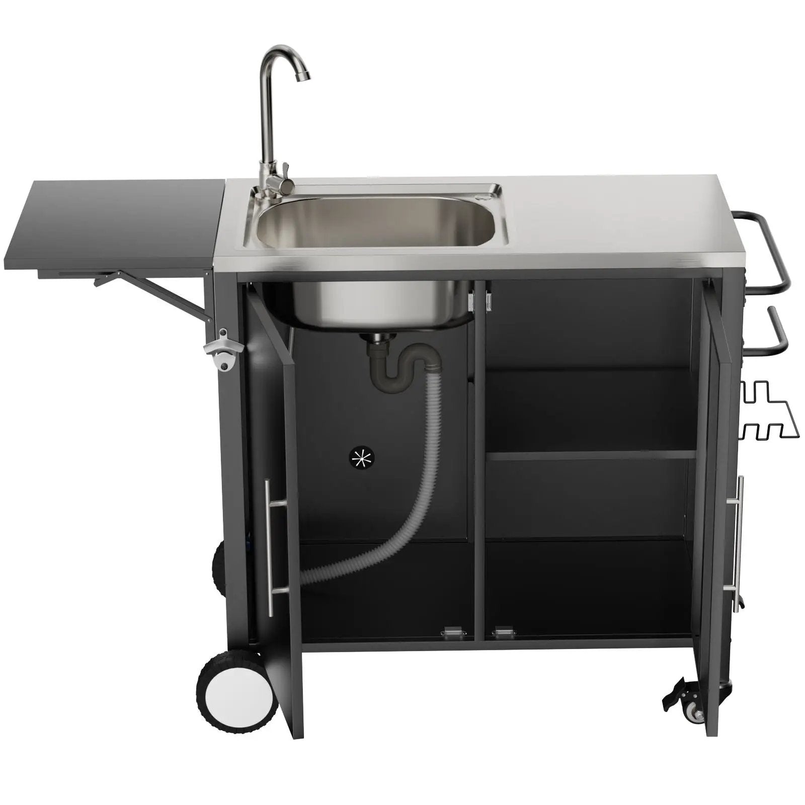 Outdoor Grill Table With Sink, Worktable Kitchen Cabinet Island With Wheels & Foldable Top - Black by HouseOfZazla