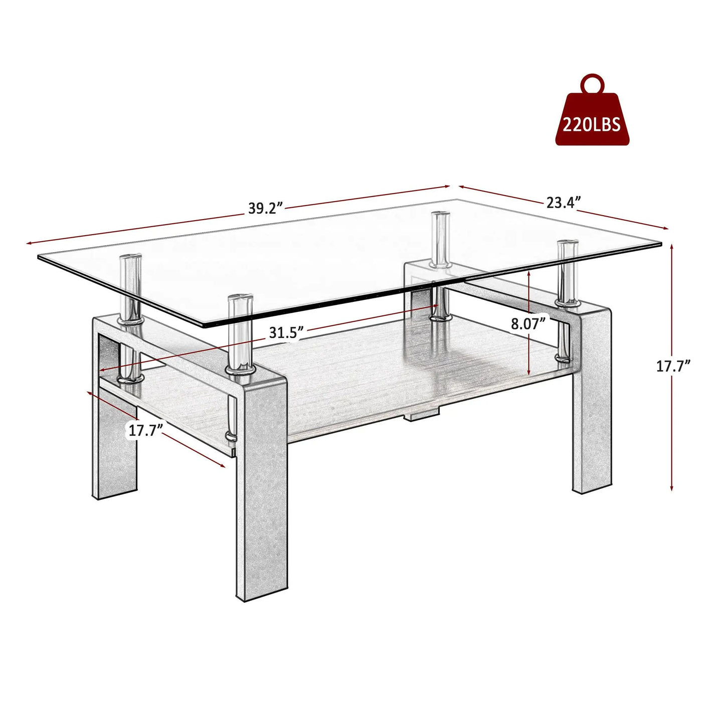 Modern Rectangular Coffee Table With Tempered Transparent Glass Top And Storage Shelf by HouseOfZazla