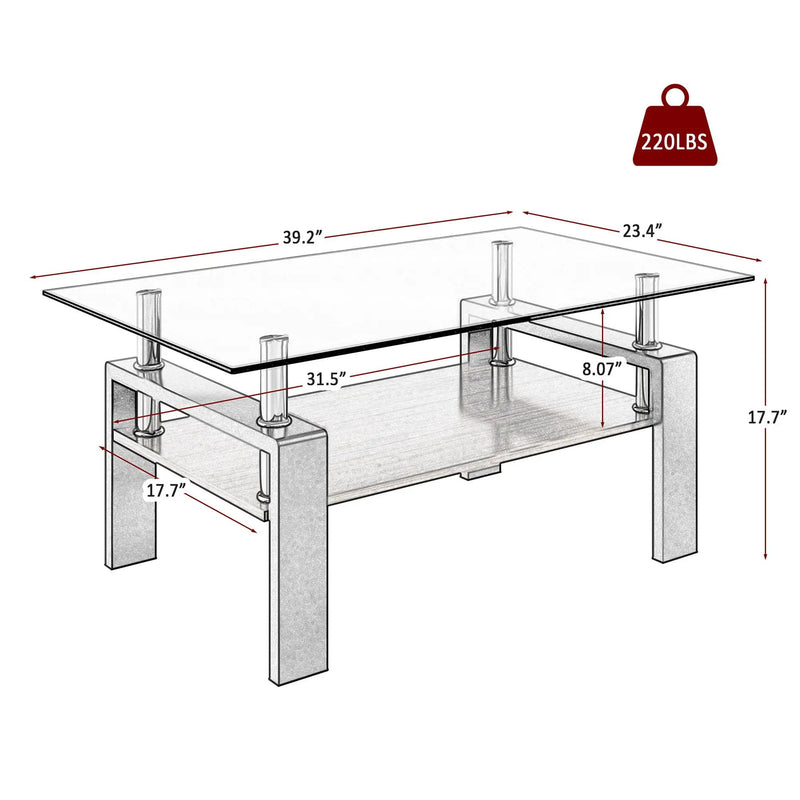Modern Rectangular Coffee Table With Tempered Transparent Glass Top And Storage Shelf by HouseOfZazla