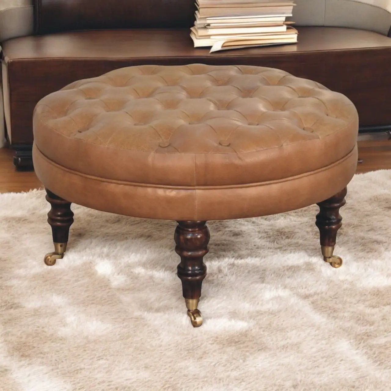 Buffalo - Round Ottoman With Castor Legs - Brown by HouseOfZazla