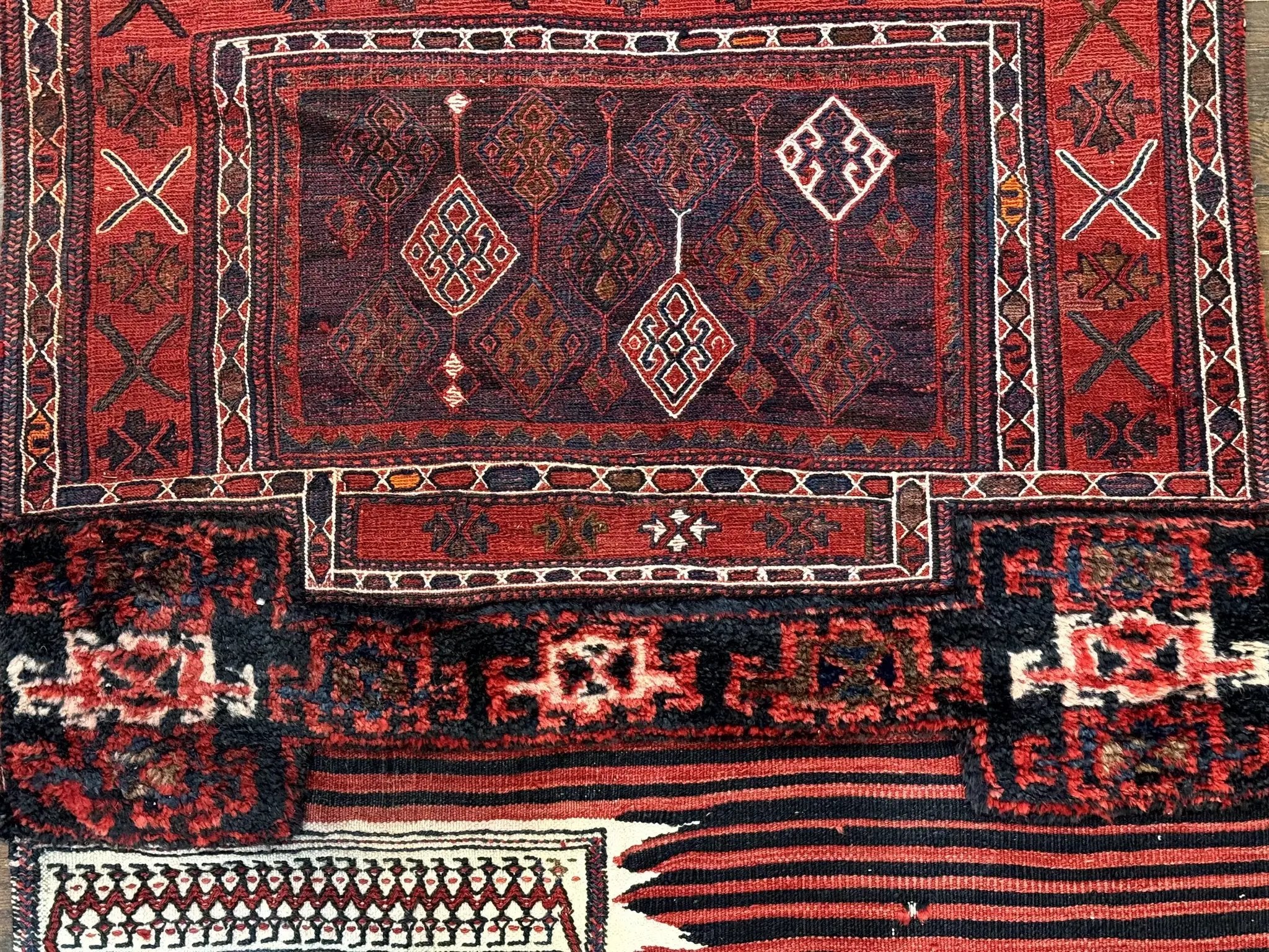 Persian Tribal Nomadic Saddle Cover Rug, Antique, Handmade, Wool, Red Ivory Black, Collectible, Shahsavan by Jewel Rugs