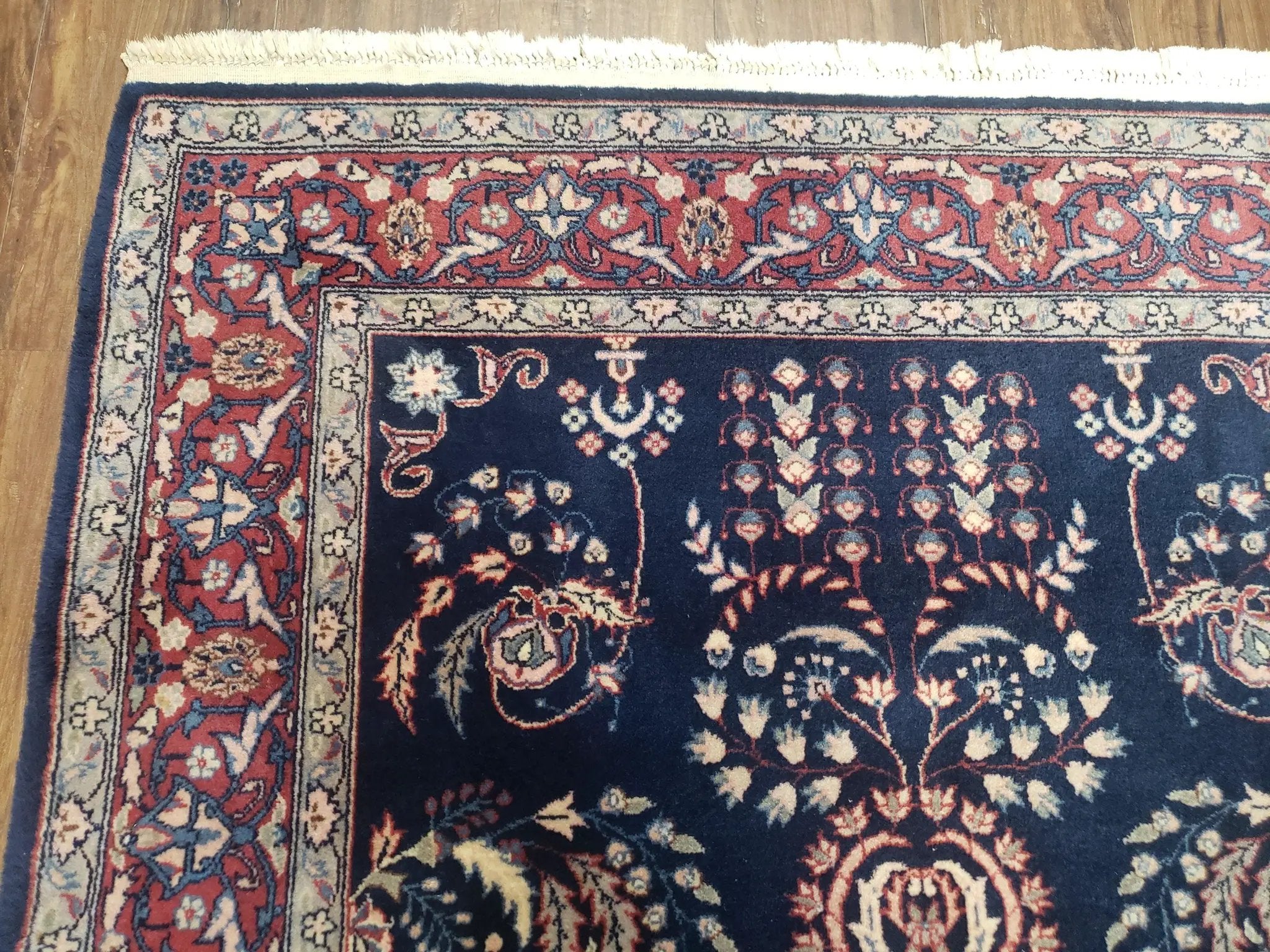Dark Blue Indo Persian Rug 4x6, Medium Size Hand Knotted Oriental Carpet, Traditional Floral Indian Rug, Blue and Red Entryway Rug, Wool Rug by Jewel Rugs