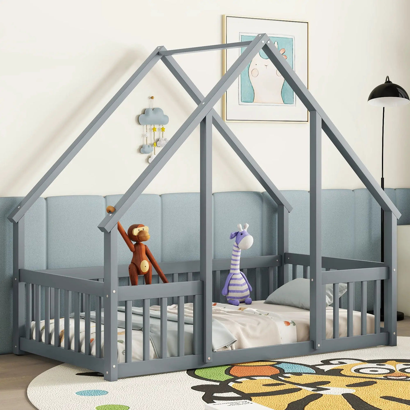 Wood House-Shaped Floor Bed With Fence, Guardrails by Unique Piece Furniture