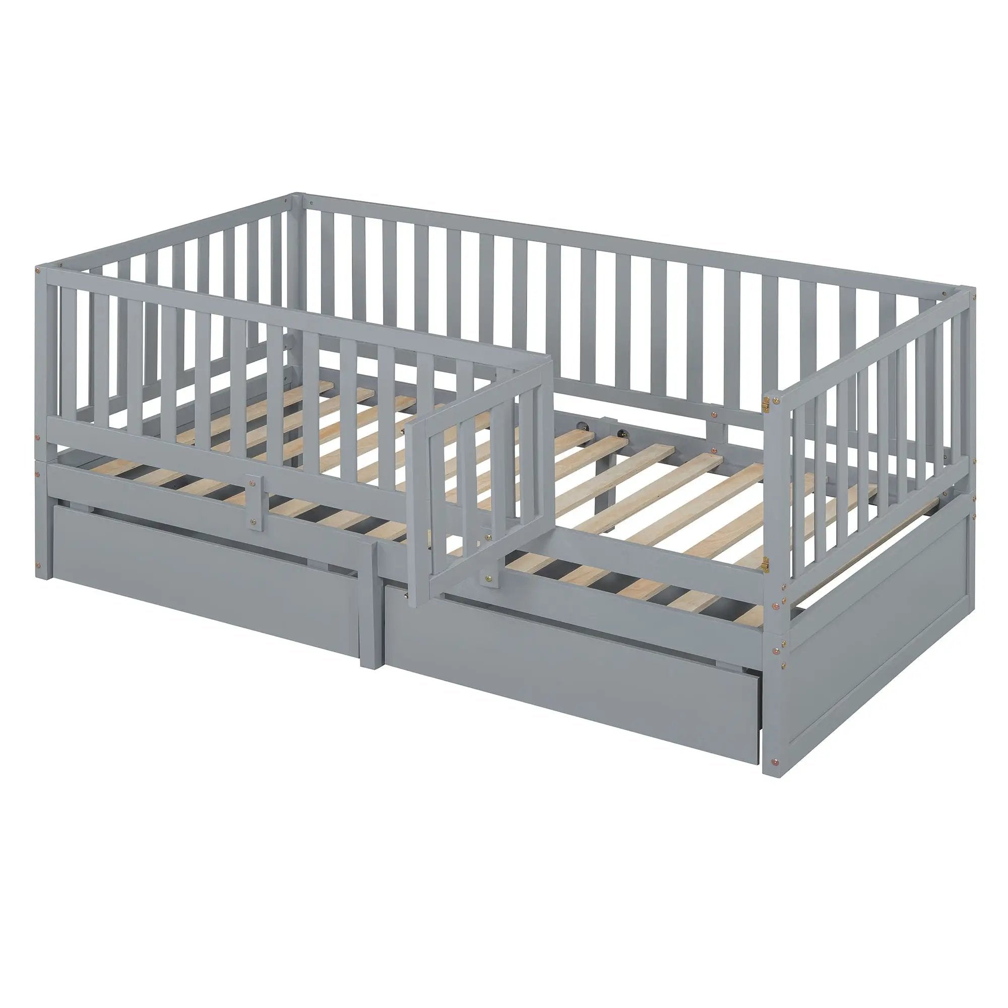 Daybed With Fence Guardrails And 2 Drawers, Split Into Independent Floor Bed & Daybed by HouseOfZazla