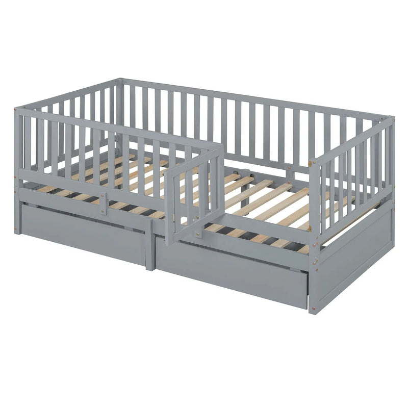 Daybed With Fence Guardrails And 2 Drawers, Split Into Independent Floor Bed & Daybed by HouseOfZazla