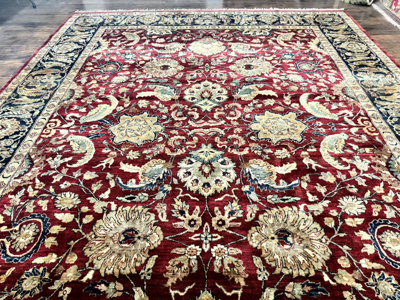 Indo Persian Rug 10x14, Indian Agra Carpet, Vintage Handmade Wool Large Traditional Rug, Dark Red Navy Blue Beige by Jewel Rugs