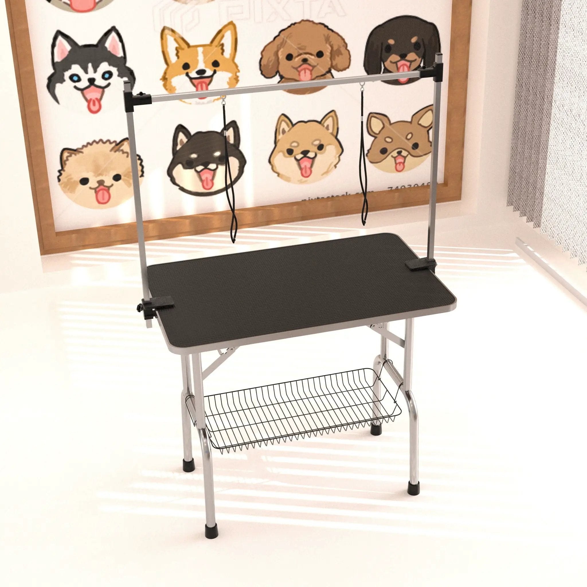 Professional Dog Pet Grooming Table Adjustable Heavy Duty Portable With Arm & Noose & Mesh Tray - Black by HouseOfZazla
