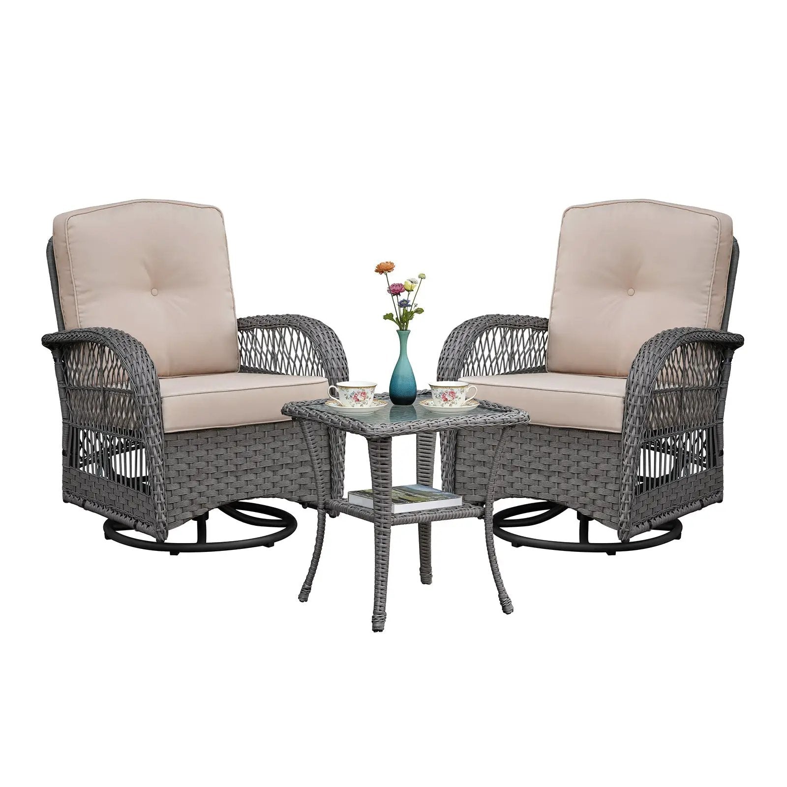 3 Pieces Conversation Set, Outdoor Wicker Rocker Swivel Patio Bistro Set, Rocking Chair with Glass Top Side Table, Grey by HouseOfZazla