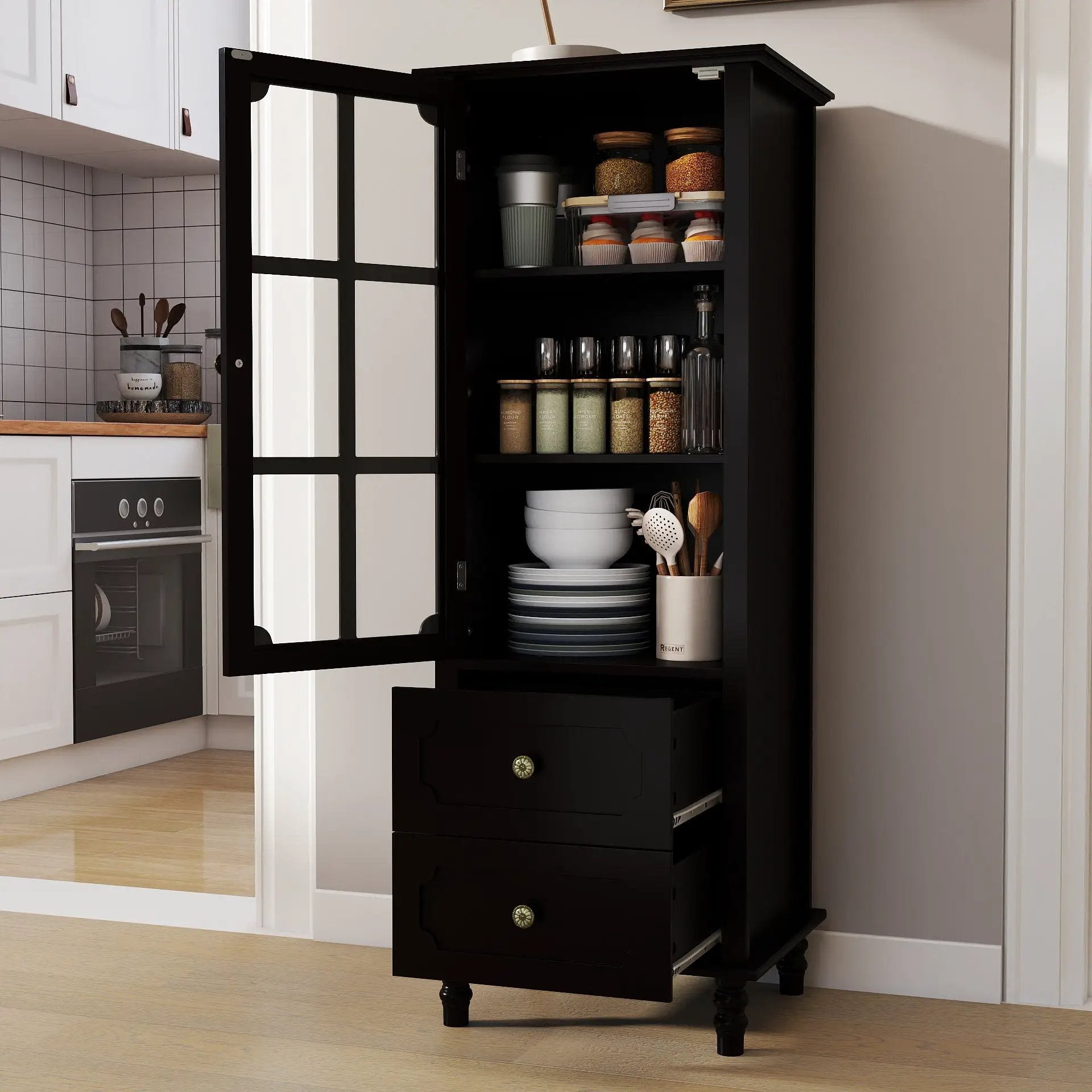Black Tall Storage Cabinet with Glass Door & 2 Drawers by HouseOfZazla