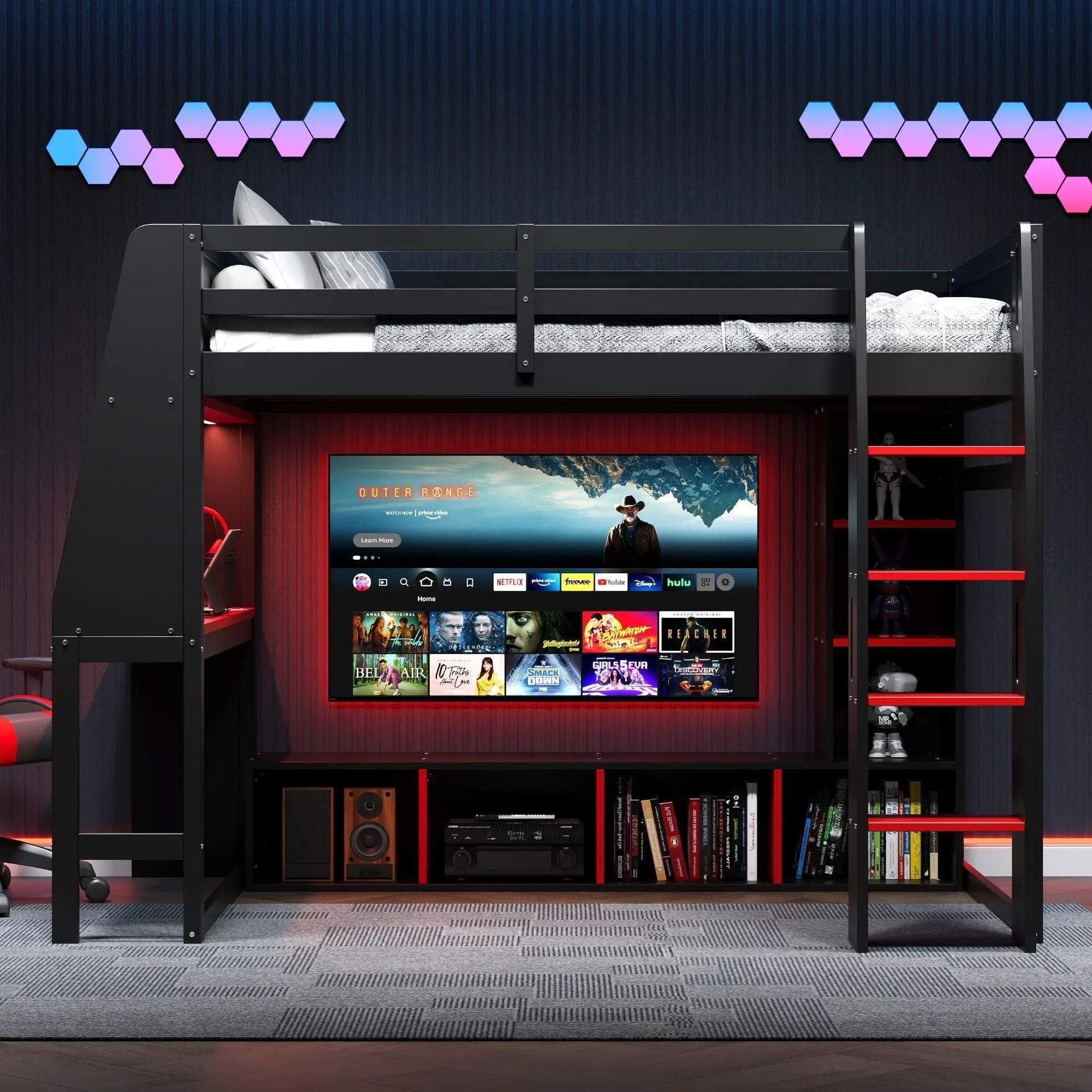 Gaming Loft Bed With Desk, Multi Storage Shelves, LED Lighting, And Hanging Clothes Rack by Unique Piece Furniture