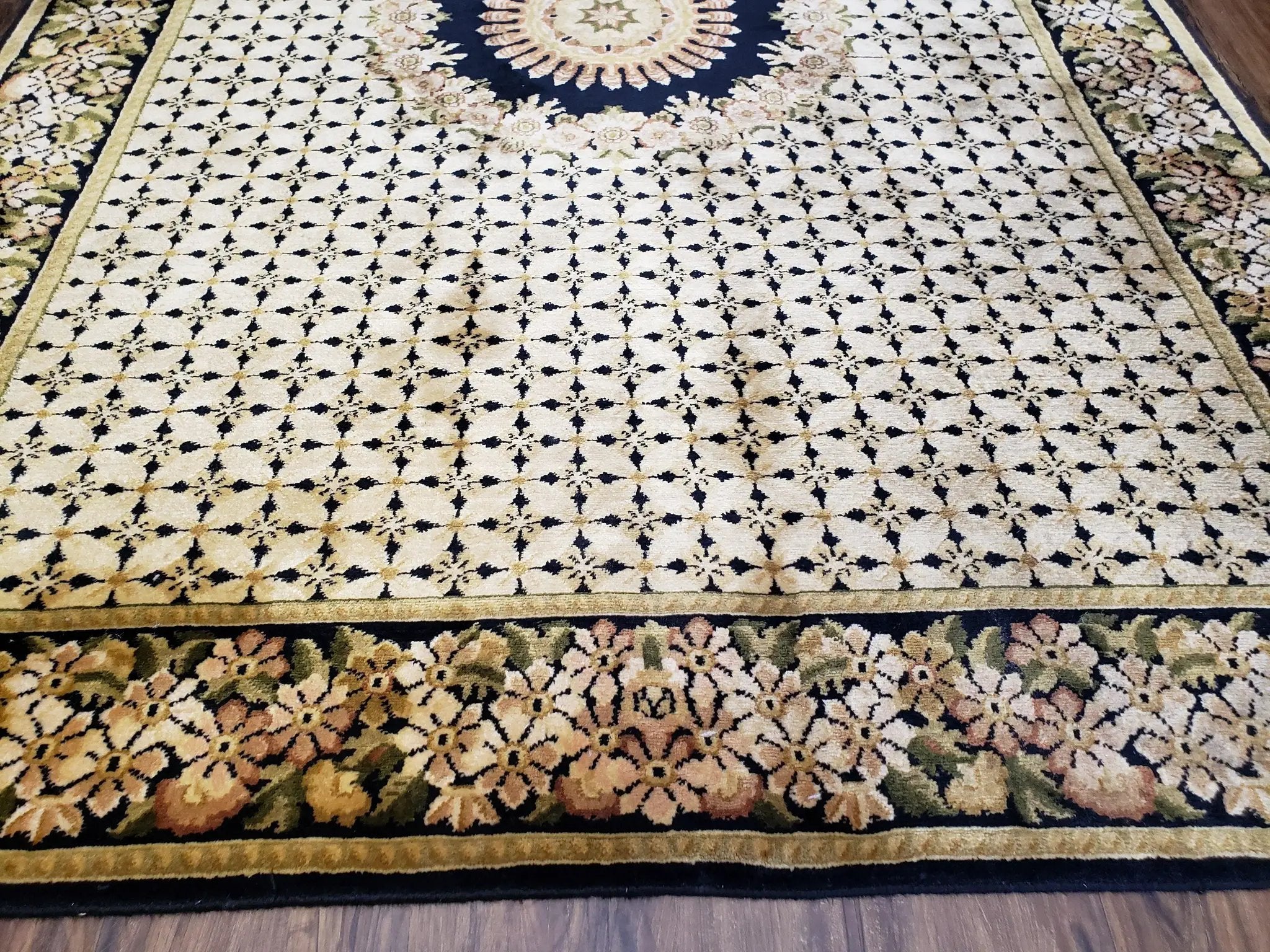 Indian Rug with Tibetan Weave, 6x8 - 6x9 Rugs, Indo-Tibetan Rug, Black and Cream Beige Tan, Floral Border, Soft Rug, Handmade Area Rug, Wool by Jewel Rugs