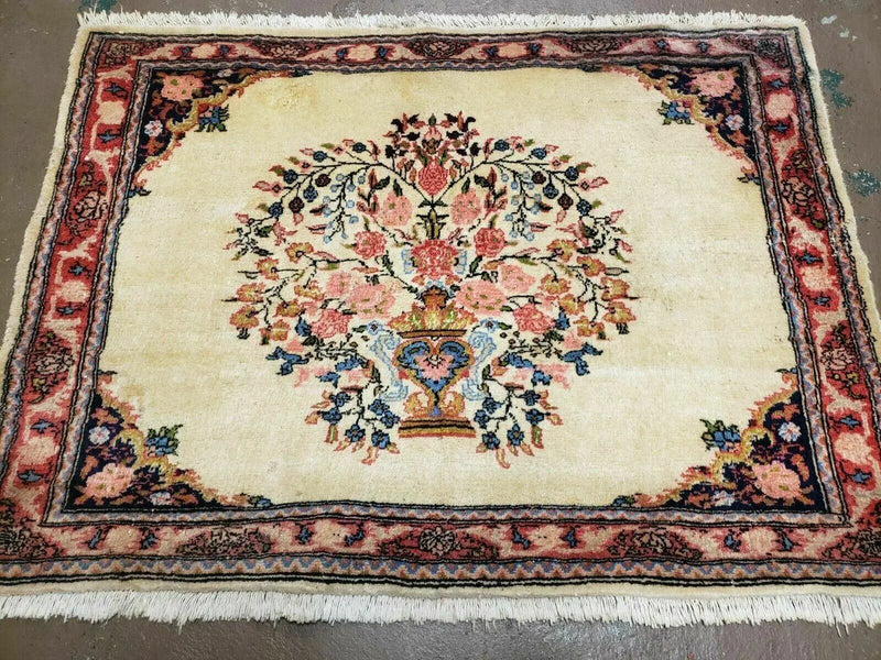 2' 7" X 3' 6" Antique Rug Hand Knotted Pictorial Wool Oriental Flowers by Jewel Rugs