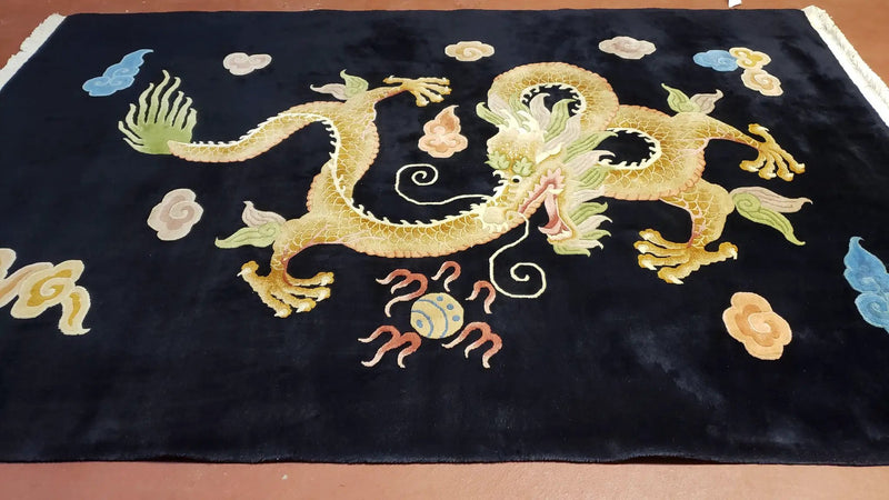 Rare Antique Chinese Art Deco Rug 6x9 with Dragon, Black Chinese Carpet 6 x 9, Hand Knotted Wool Area Rug by Jewel Rugs
