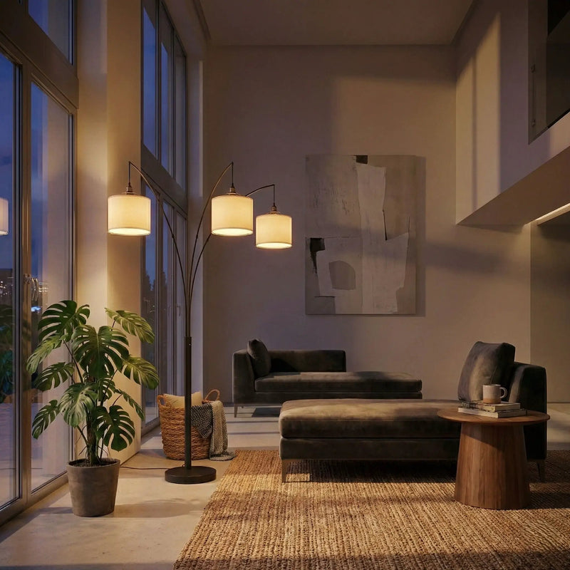 Royal - 3 Arm Arc Floor Lamp, Oil Rubbed Bonze With Linen Shade, 4 Way Rotary Switch - Oil-Rubbed Bronze by Unique Piece Furniture