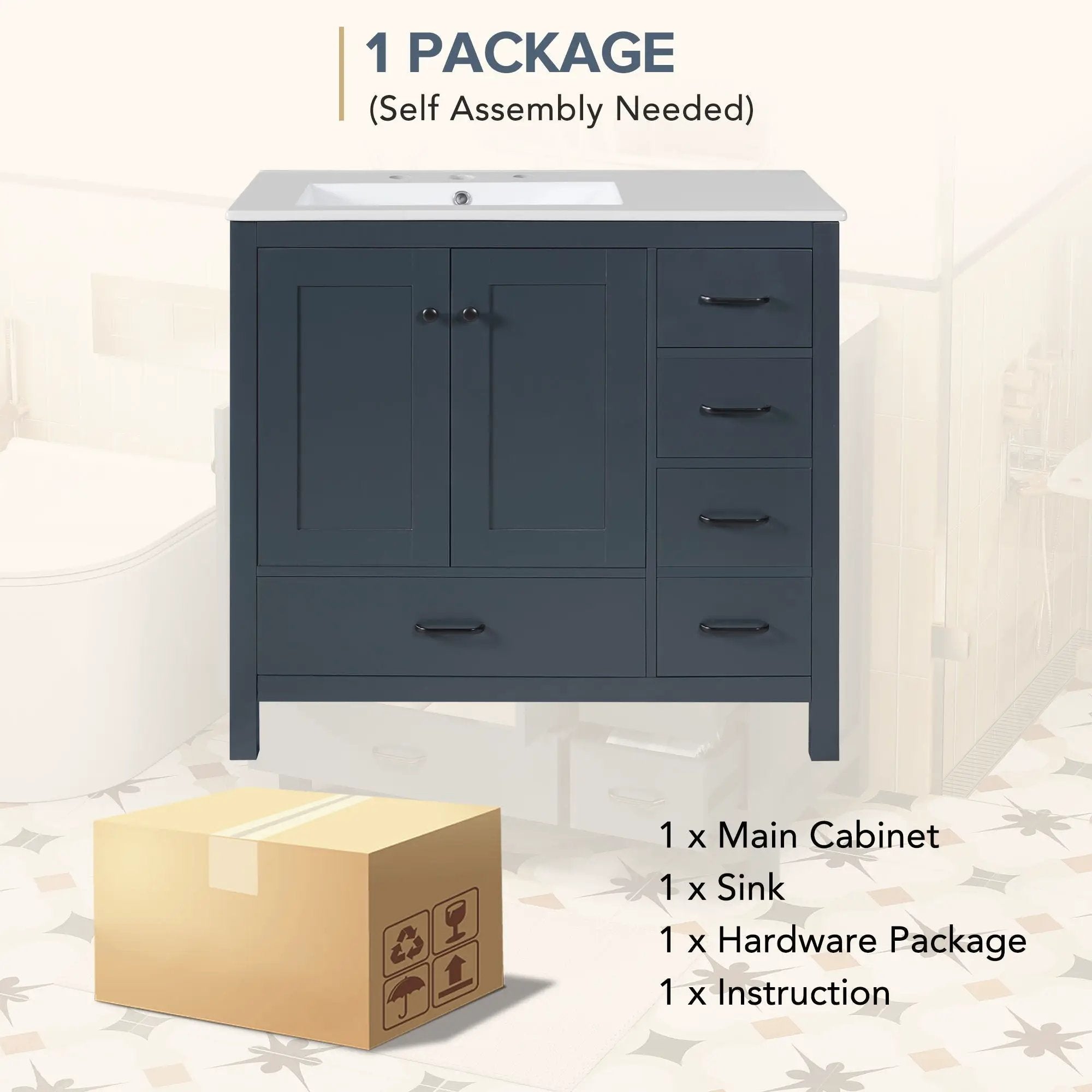 Bathroom Vanity With Ceramic Sink Combo, Abundant Storage Cabinet 2 Soft Close Doors And 5 Drawers by HouseOfZazla