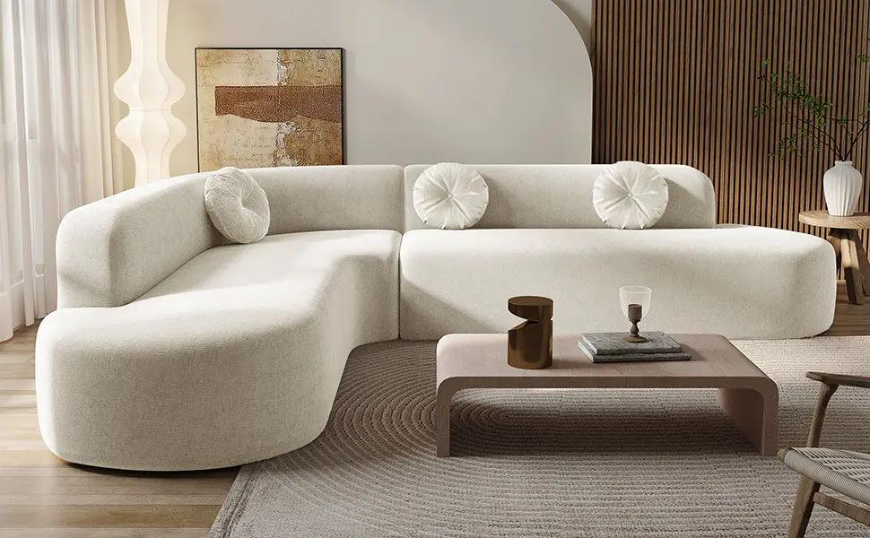 Extra Large Sectional Sofa Soft Fabric Upholstery, Elegant Curved Design With 3 Round Cushions, High-Resilience Foam by HouseOfZazla