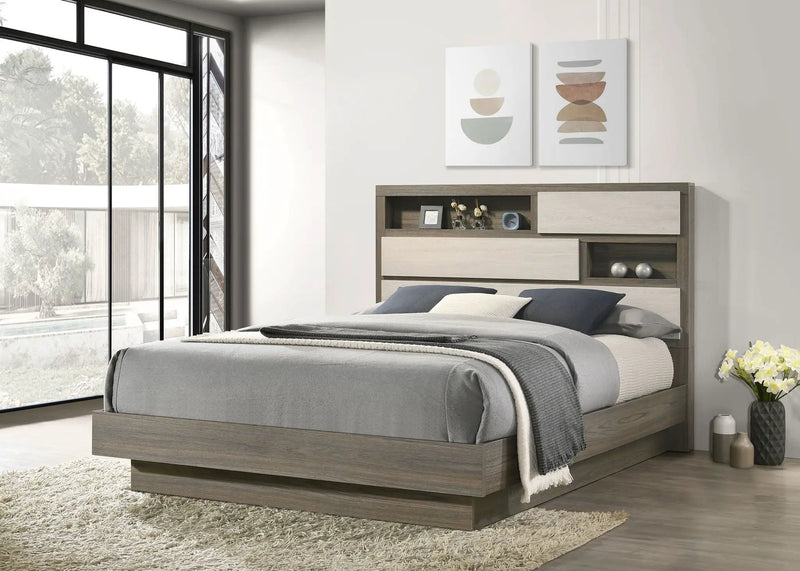 Fenwick Queen Bed Bookcase Headboard Grey Oak by Unique Piece Furniture