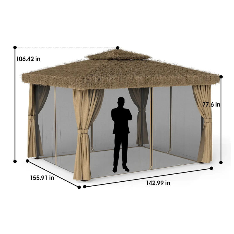 Outdoor Patio Gazebo With Double Canopy, Mosquito Net & Privacy Curtain - Brown by HouseOfZazla