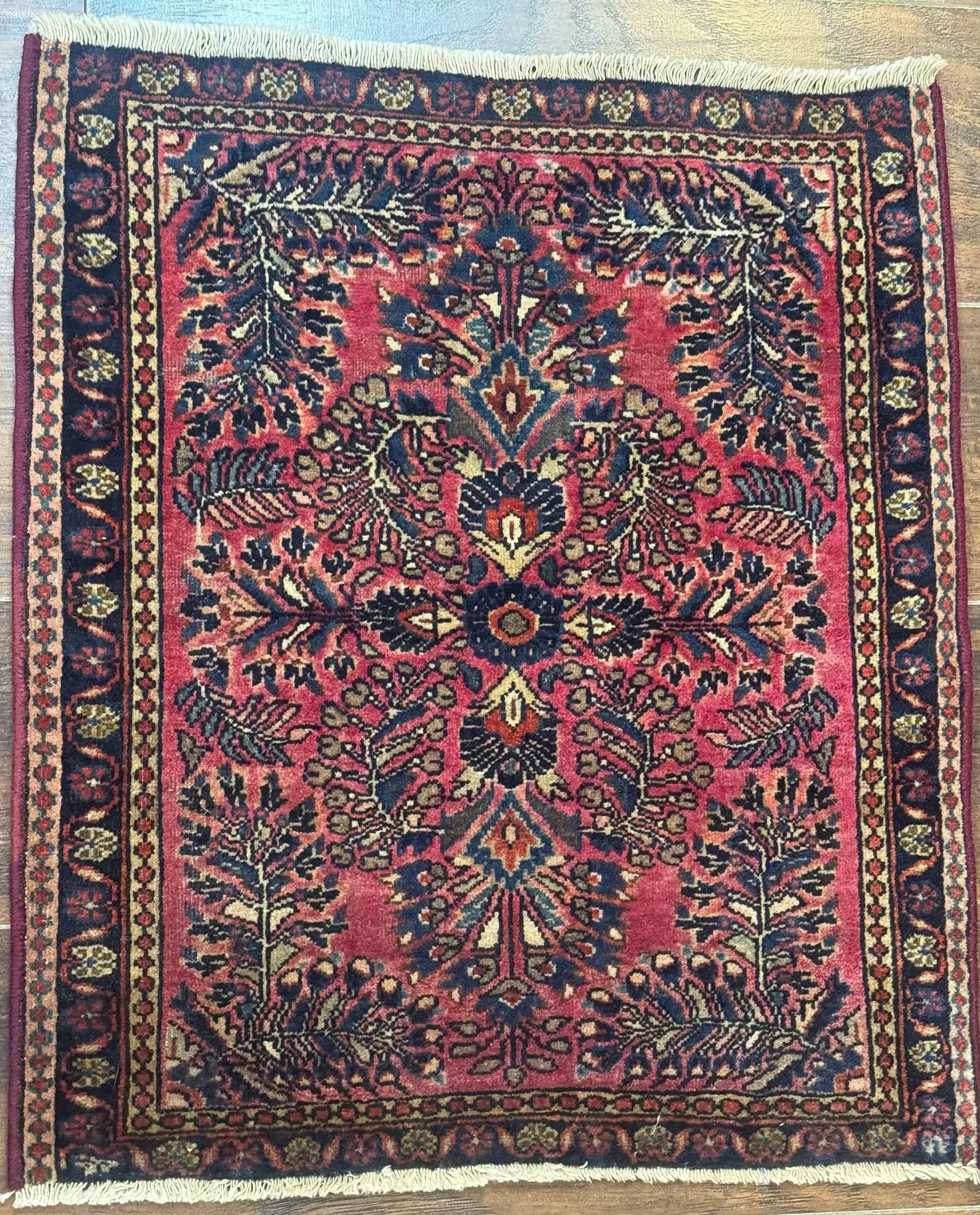 Small Antique Persian Sarouk Rug 2x2 ft, Red 1920s Wool Rug by Jewel Rugs