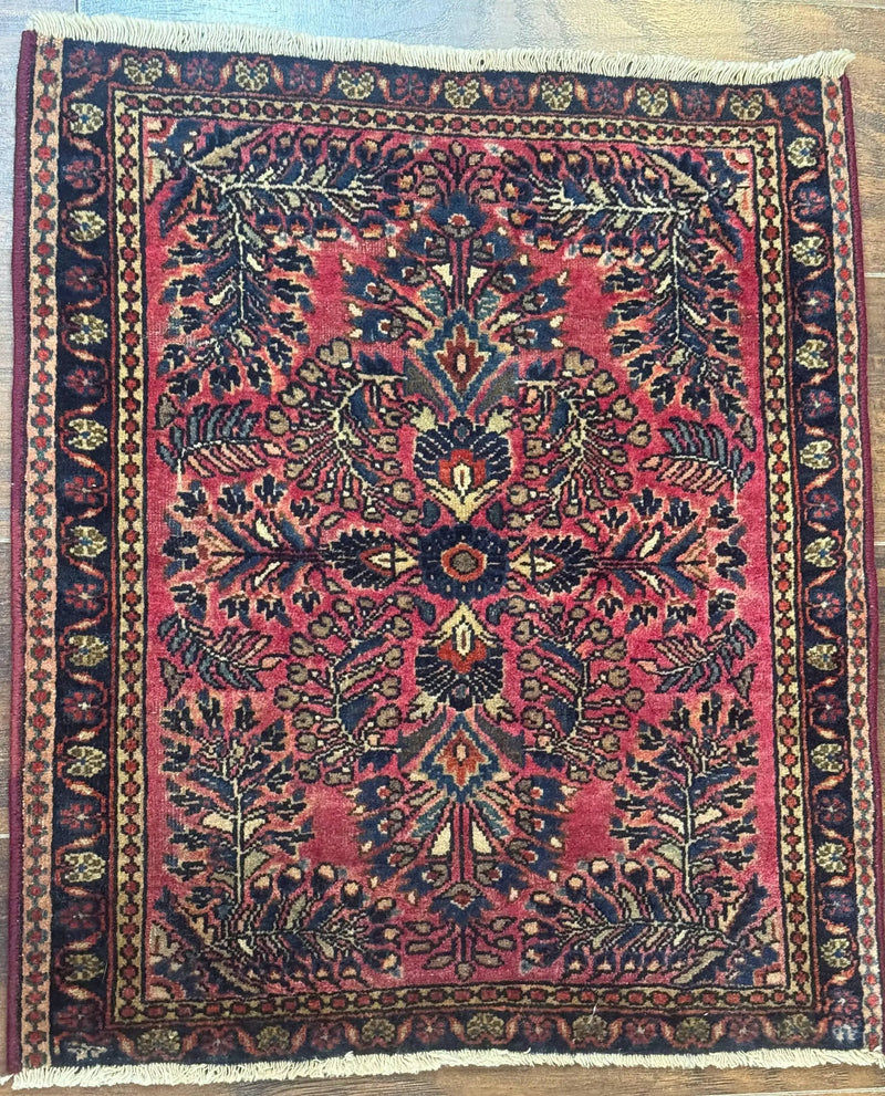 Small Antique Persian Sarouk Rug 2x2 ft, Red 1920s Wool Rug by Jewel Rugs