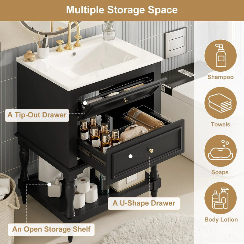 Bathroom Vanity With Sink, 2 Drawers Storage Cabinet, Open Shelf by Unique Piece Furniture