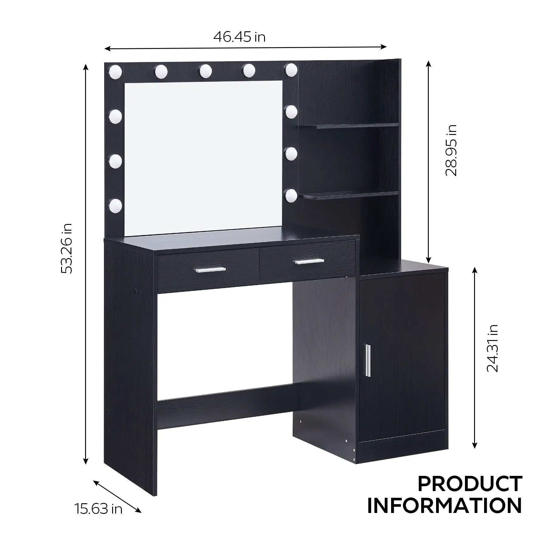 Vanity Desk With Mirror And Lights, 46.4In Dressing Table With 2 Large Drawer & Large Vertical Organizer, 3 Level Dresser & 3 Lighting Modes Adjustable Brightness, Suitable For Bedroom by Unique Piece Furniture