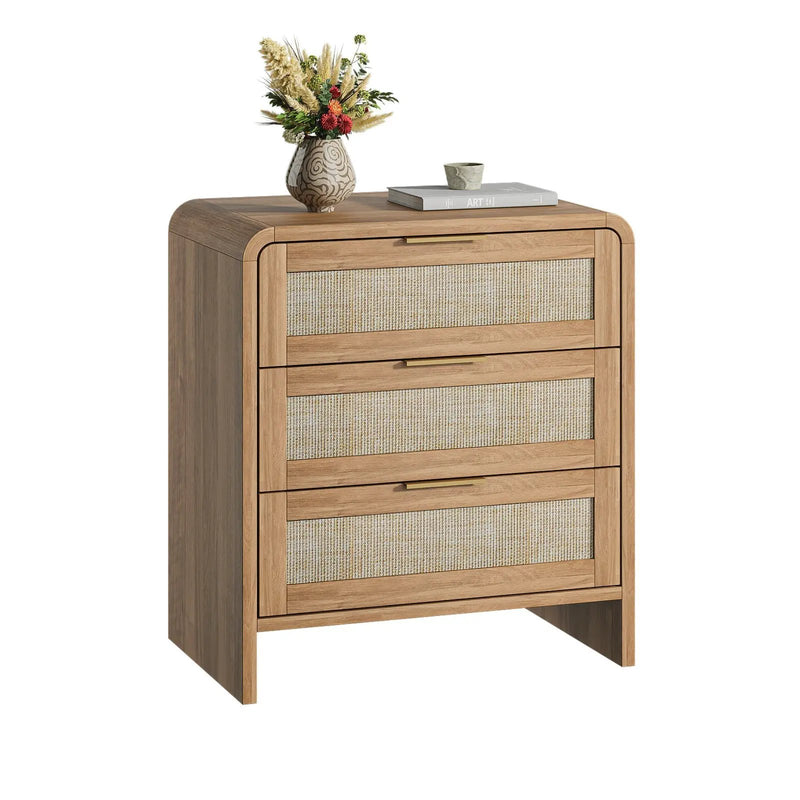 Rattan Nightstand Set of 2 with 3 Drawers in Caramel Oak by HouseOfZazla