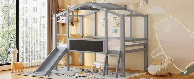 Loft House Bed With Ladder And Slide, With board And Light Strip On The Roof by HouseOfZazla