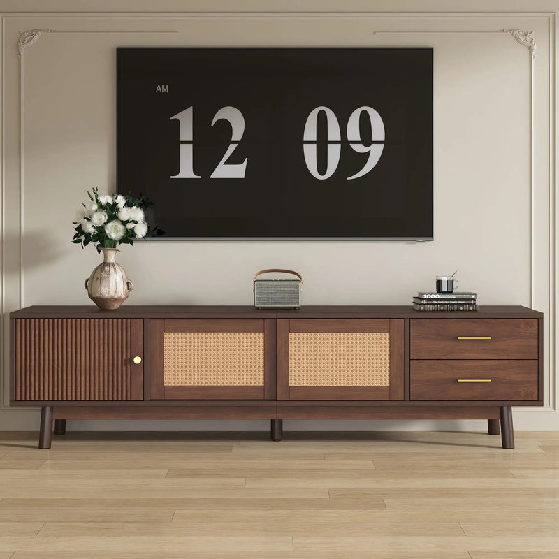 TV Stand For 80" TVs With Sliding Doors And Drawers, Accent Storage Unit - Dark Brown by Unique Piece Furniture