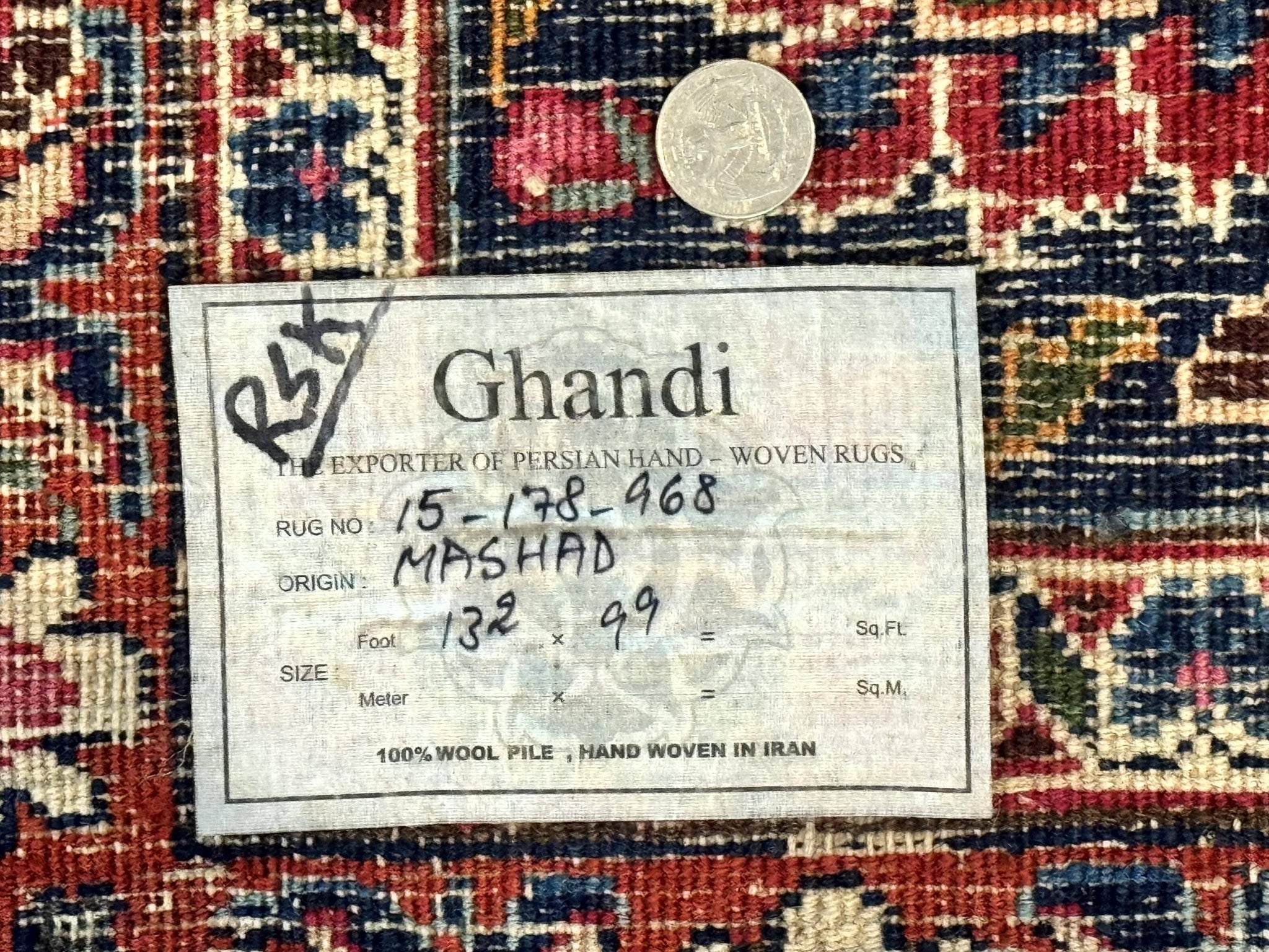 Antique Persian Mashad Rug 10x13, Red and Navy Blue, Great Colors, Signed By Masterweaver, Floral Medallion, Handmade Wool Persian Carpet by Jewel Rugs