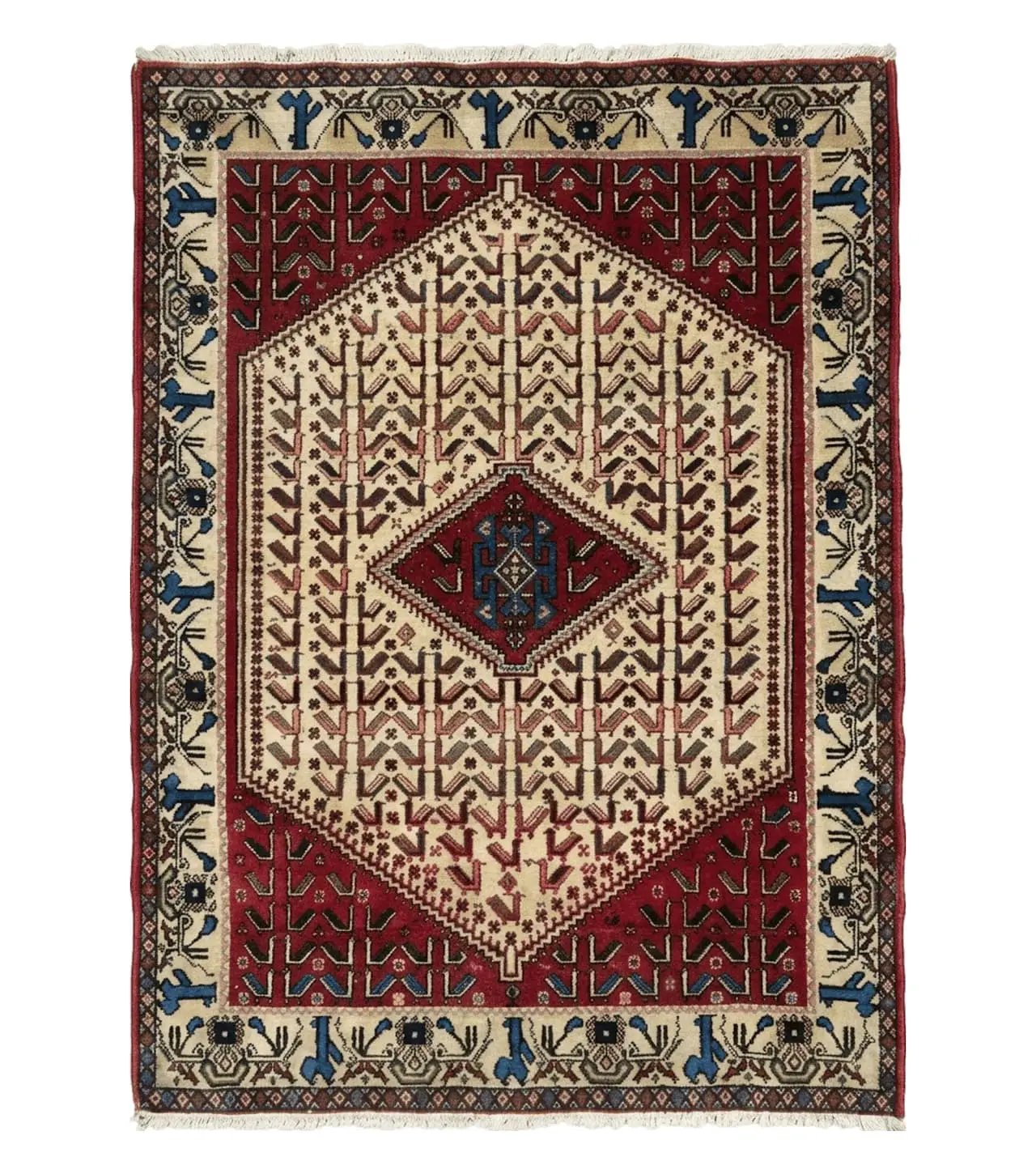 3' X 5' Vintage Handmade India Geometric Oriental Wool Rug Nice Birds Ivory Red by Jewel Rugs