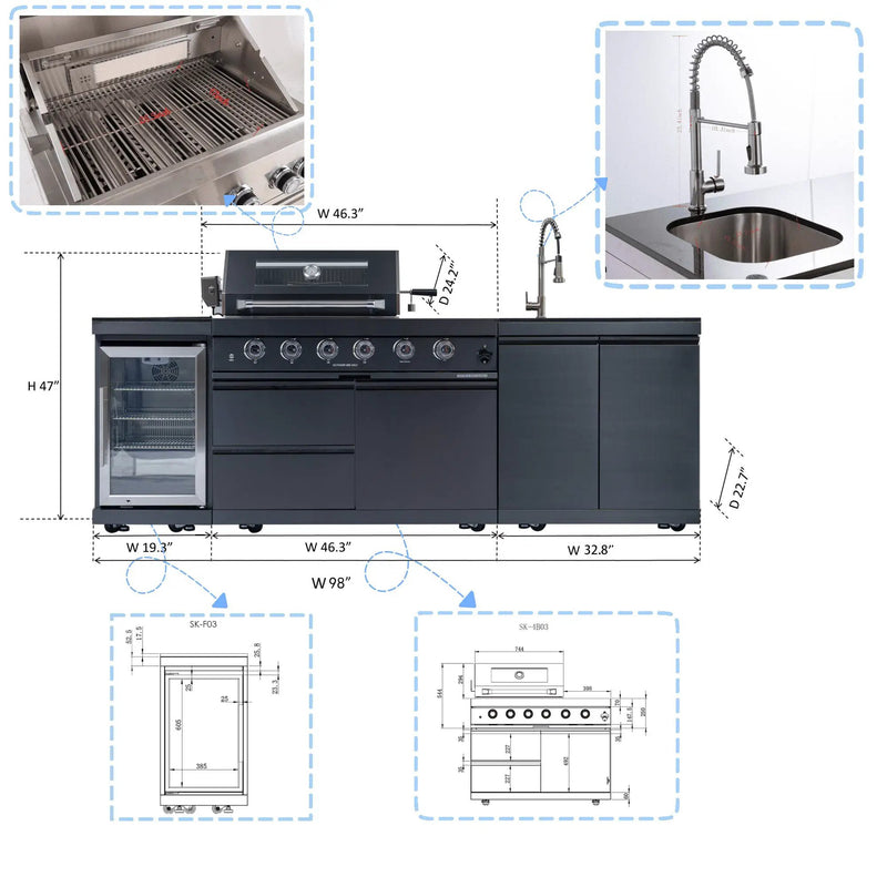 NG 104" 4-Burner 72,000 BTU Black Outdoor Kitchen Island Grill Rotisserie by Chery Industrial