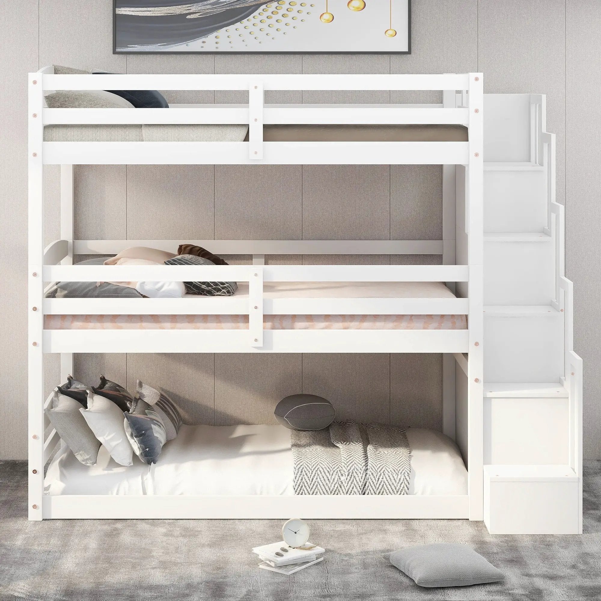 Twin Size Triple Bunk Bed With Storage Staircase, Separate Design - White by Unique Piece Furniture