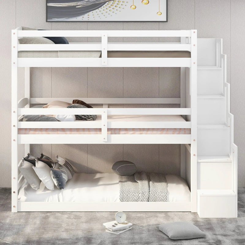 Twin Size Triple Bunk Bed With Storage Staircase, Separate Design - White by HouseOfZazla